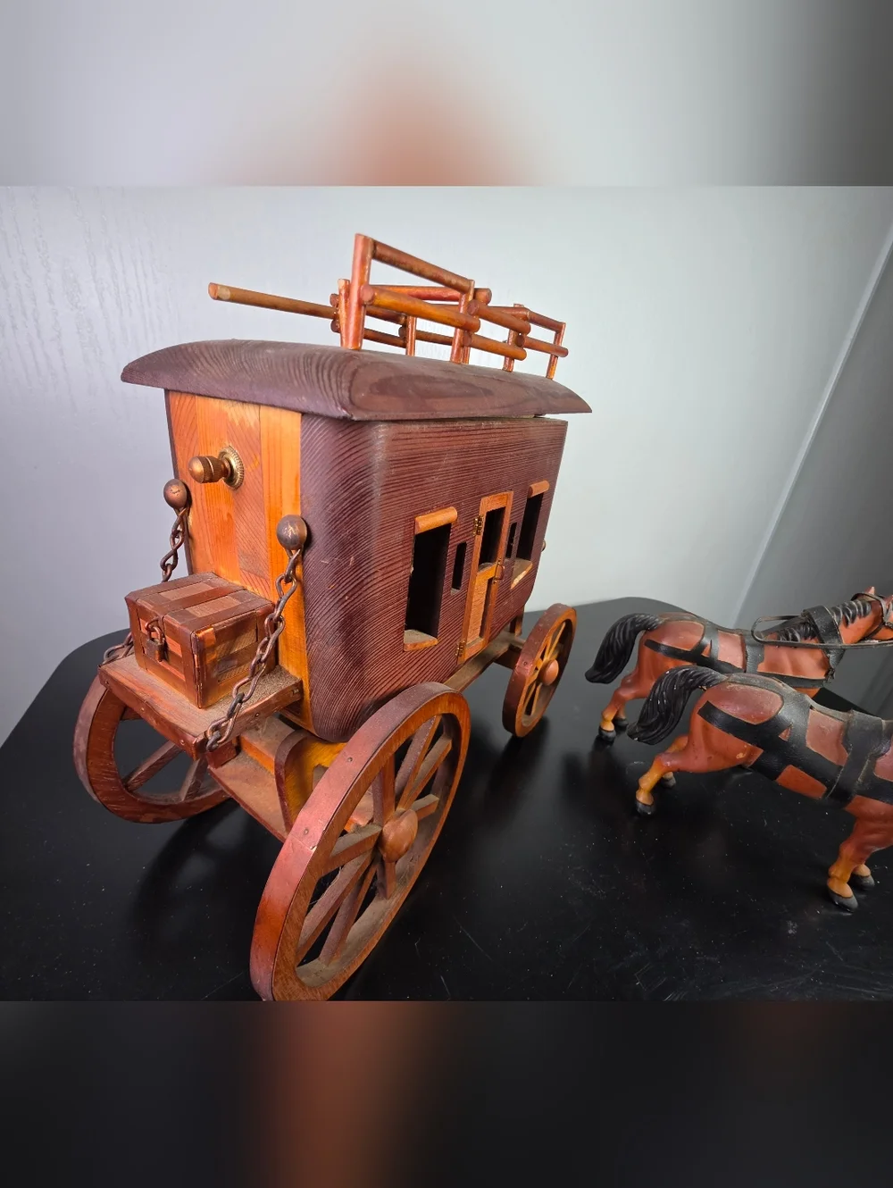 Wooden Stagecoach and Pair of Horses - Brown and Black